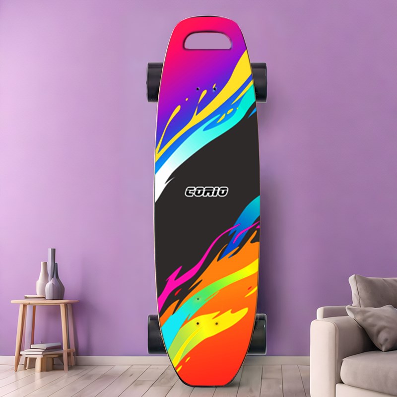 CX05 electric skateboard with vivid multicolor deck graphic