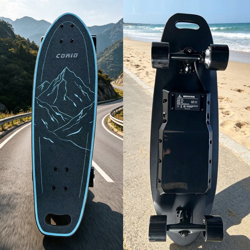CX06 compact electric skateboard front and underside view