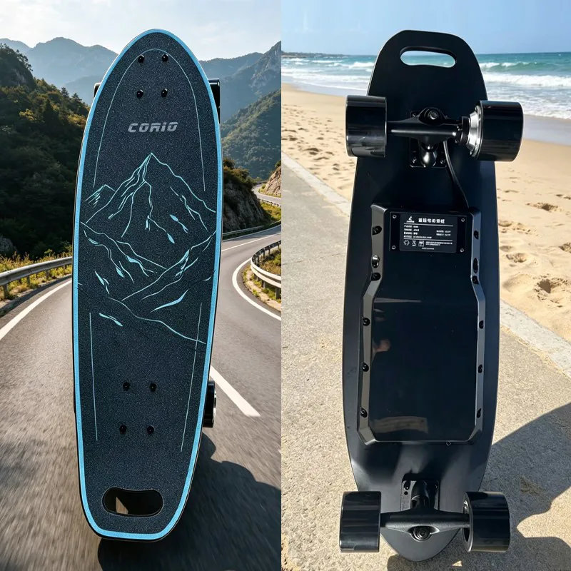 CX06 compact electric skateboard front and underside view