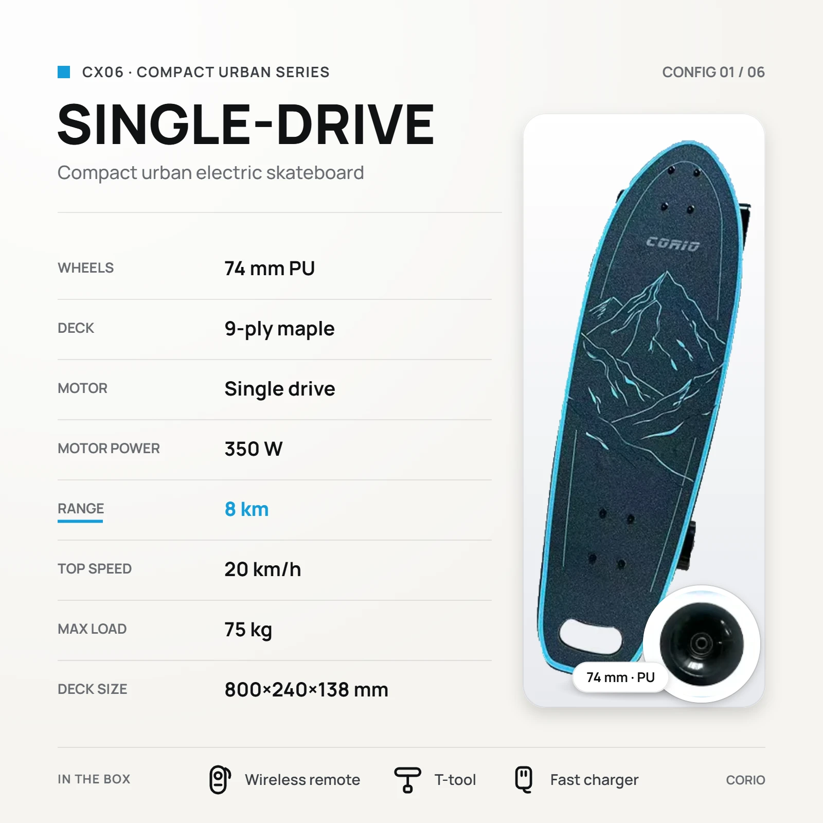 CX06 configuration sheet: single drive, 74 mm PU wheels, 350W motor, 8 km range, 20 km/h, 75 kg load, 800 x 240 x 138 mm deck