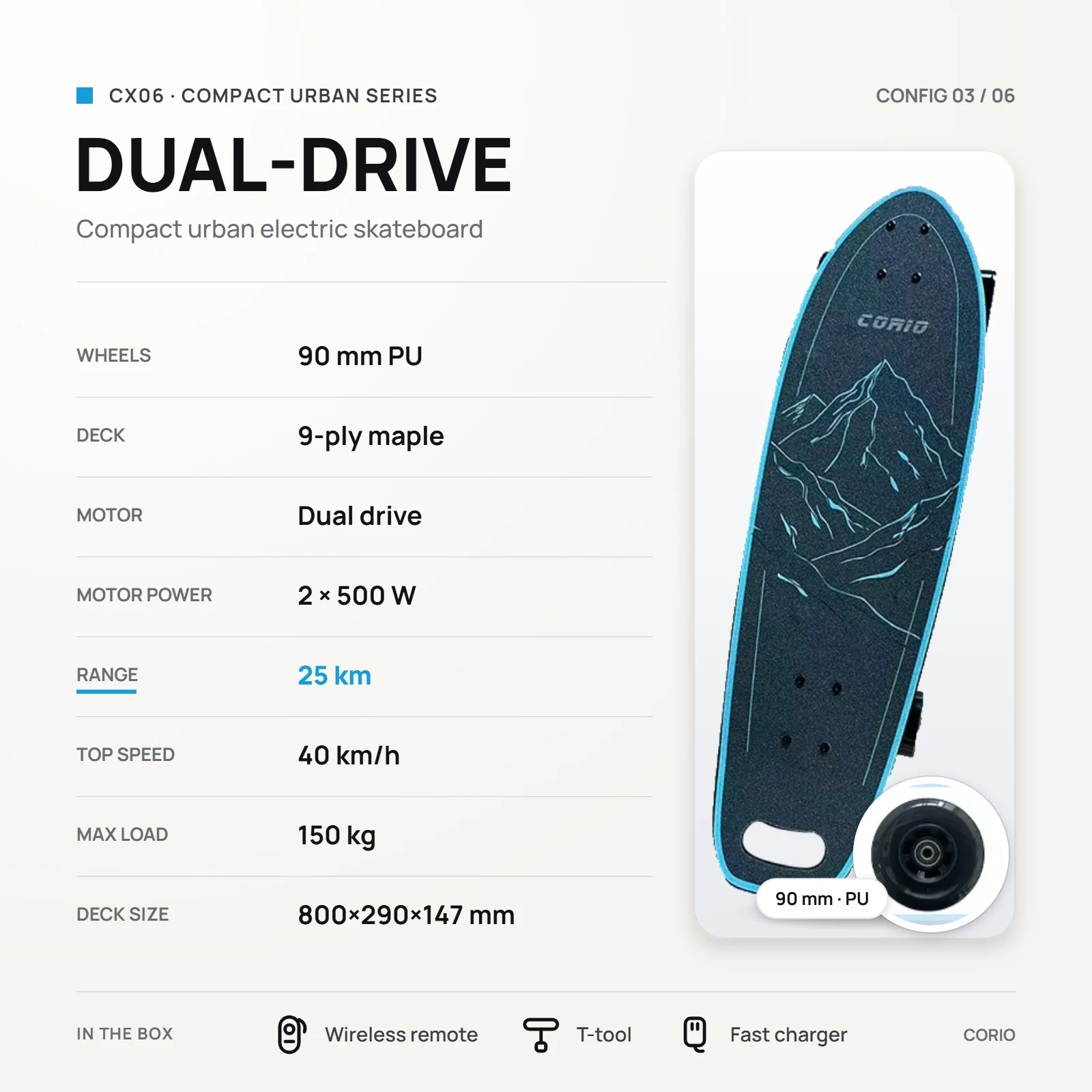 CX06 configuration sheet: dual drive, 90 mm PU wheels, 2 x 500W motors, 25 km range, 40 km/h, 150 kg load