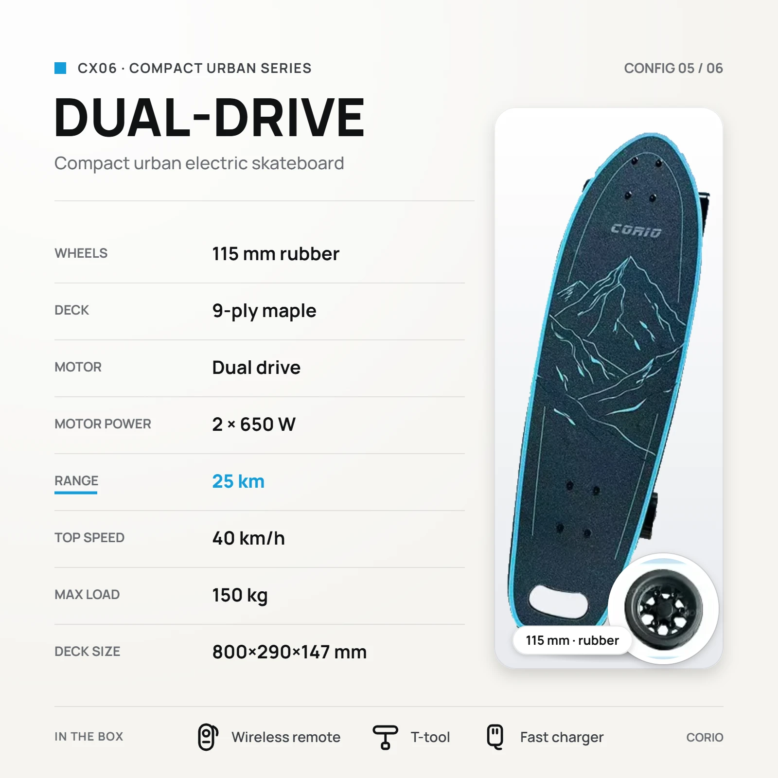 CX06 configuration sheet: dual drive, 115 mm rubber shock-absorbing wheels, 2 x 650W motors, 25 km range, 40 km/h